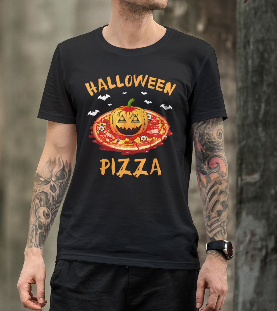 Halloween Pizza Pumpkin With Bats And Spooky Toppings T-Shirt