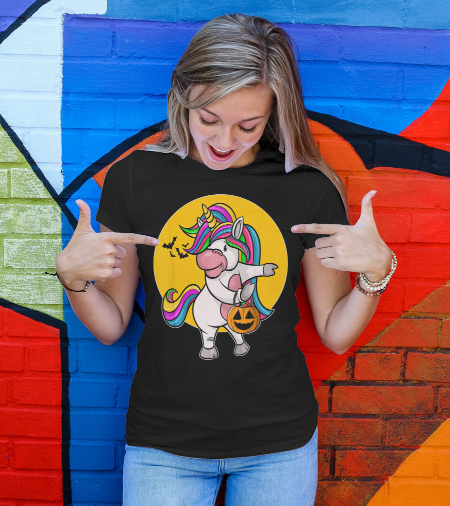 Flossing Unicorn Halloween Pumpkin And Bats T-Shirt