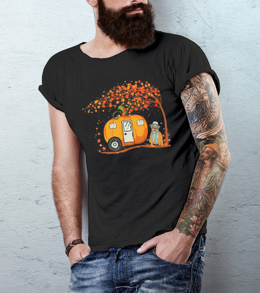 Bulldog With Pumpkin Camping Van Under Autumn Tree T-Shirt