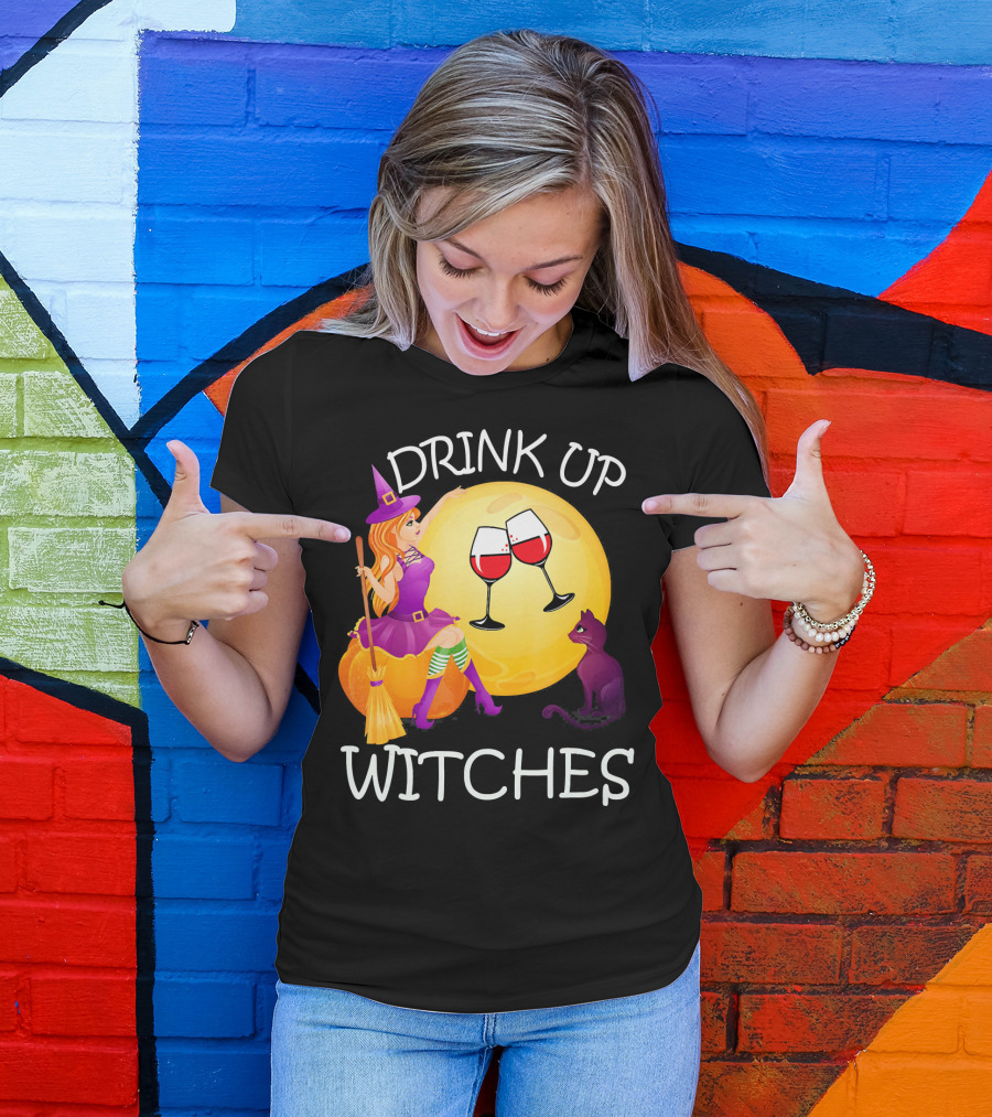 Drink Up Witches Halloween Wine Moon Cat Broomsticks T-Shirt