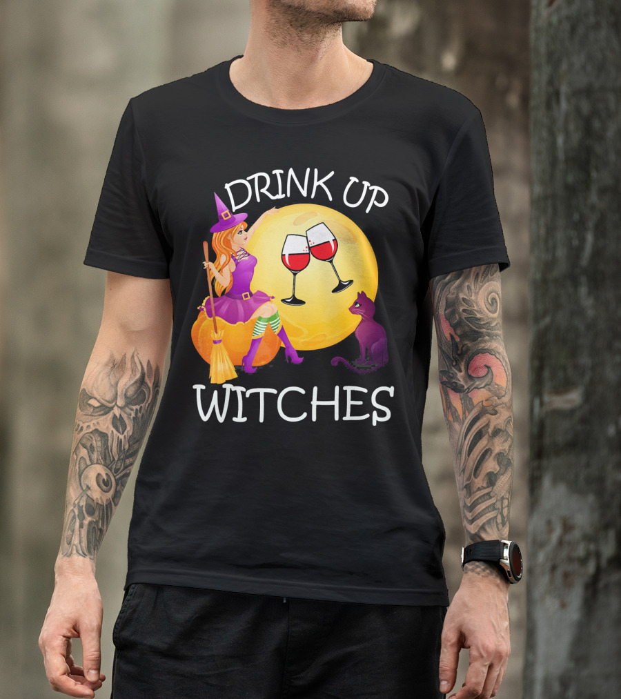 Drink Up Witches Halloween Wine Moon Cat Broomsticks T-Shirt