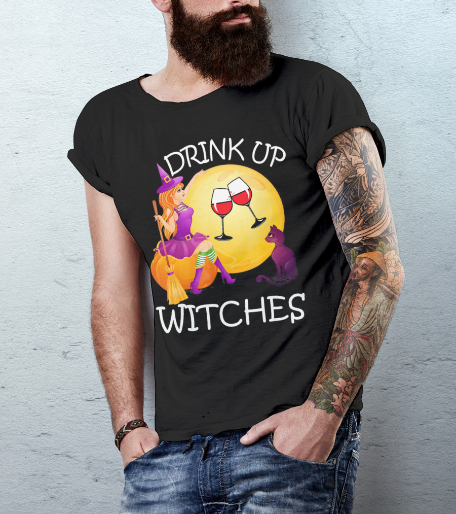 Drink Up Witches Halloween Wine Moon Cat Broomsticks T-Shirt
