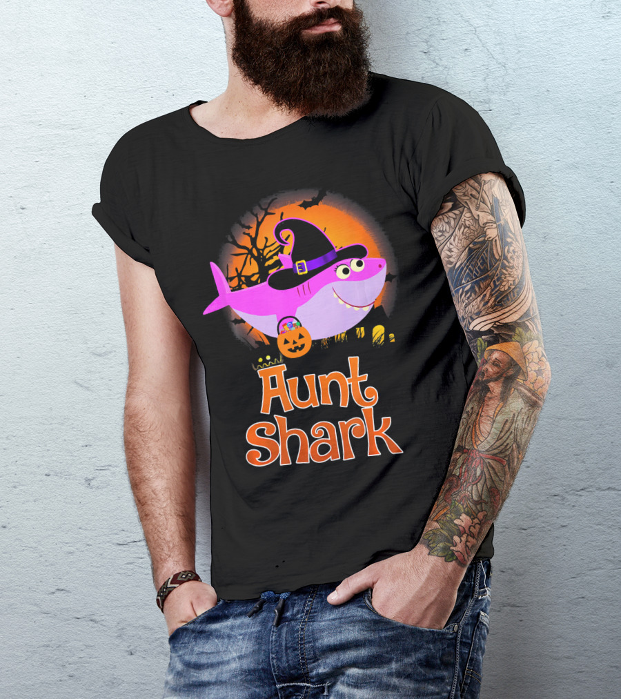 Aunt Shark Halloween Witch With Pumpkin On Orange Full Moon T-Shirt