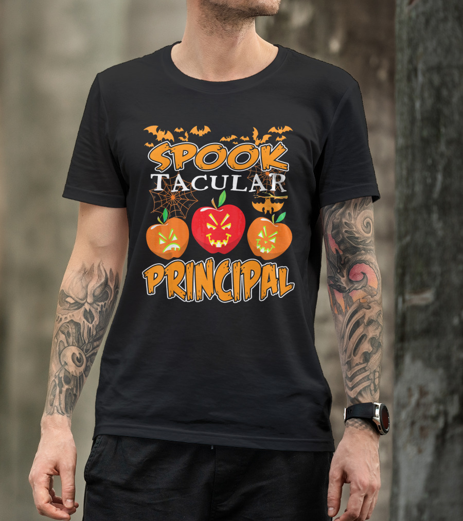 Spooktacular Principal Halloween Pumpkins And Bats T-Shirt