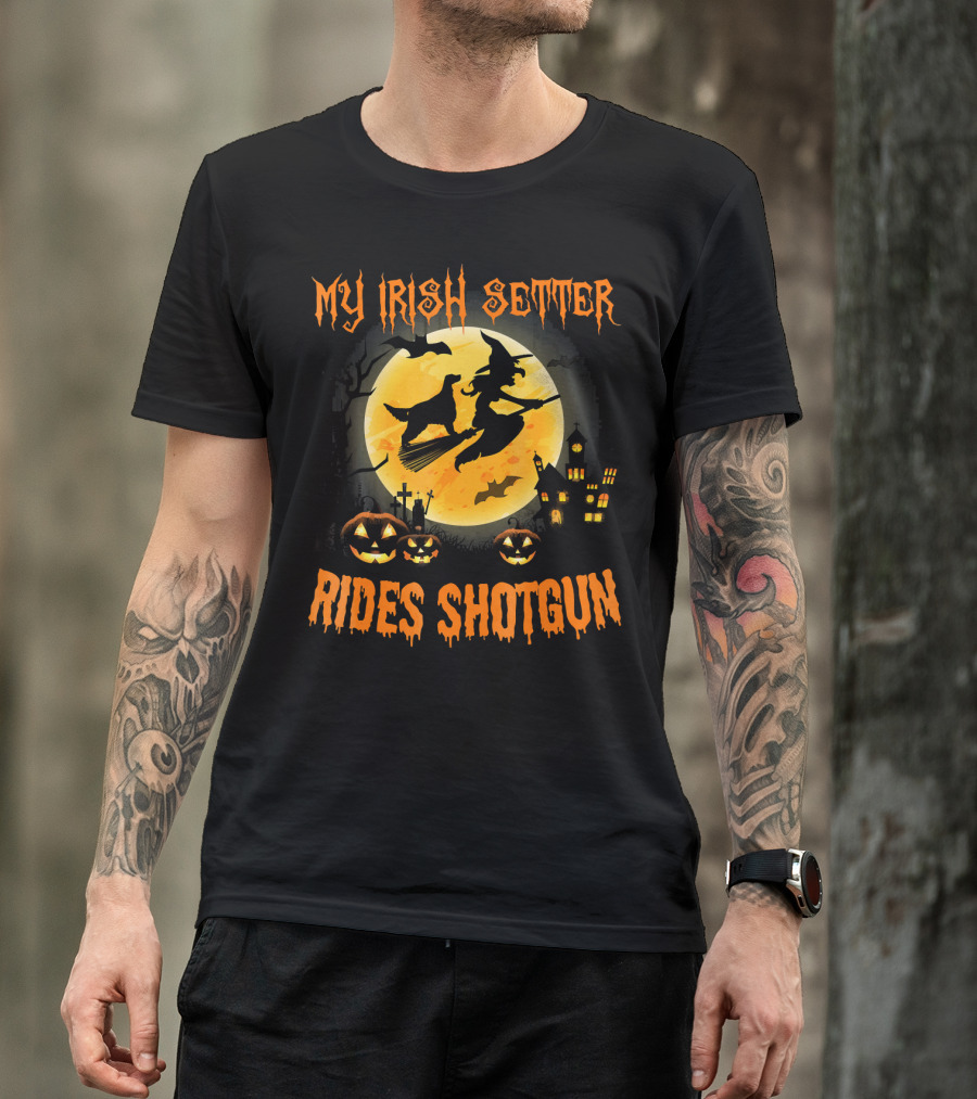 Halloween Witch Flying With My Irish Setter Rides Shotgun Moonlit Scene T-Shirt