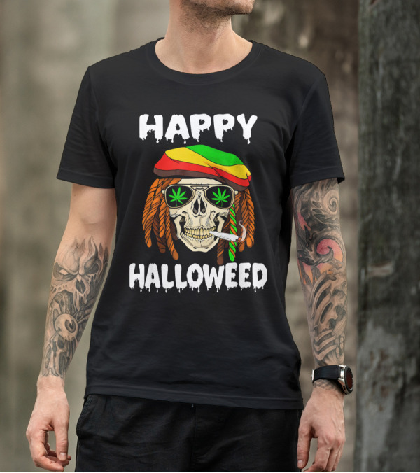 Happy Halloweed Smoking Rasta Skull With Cannabis Sunglasses T-Shirt