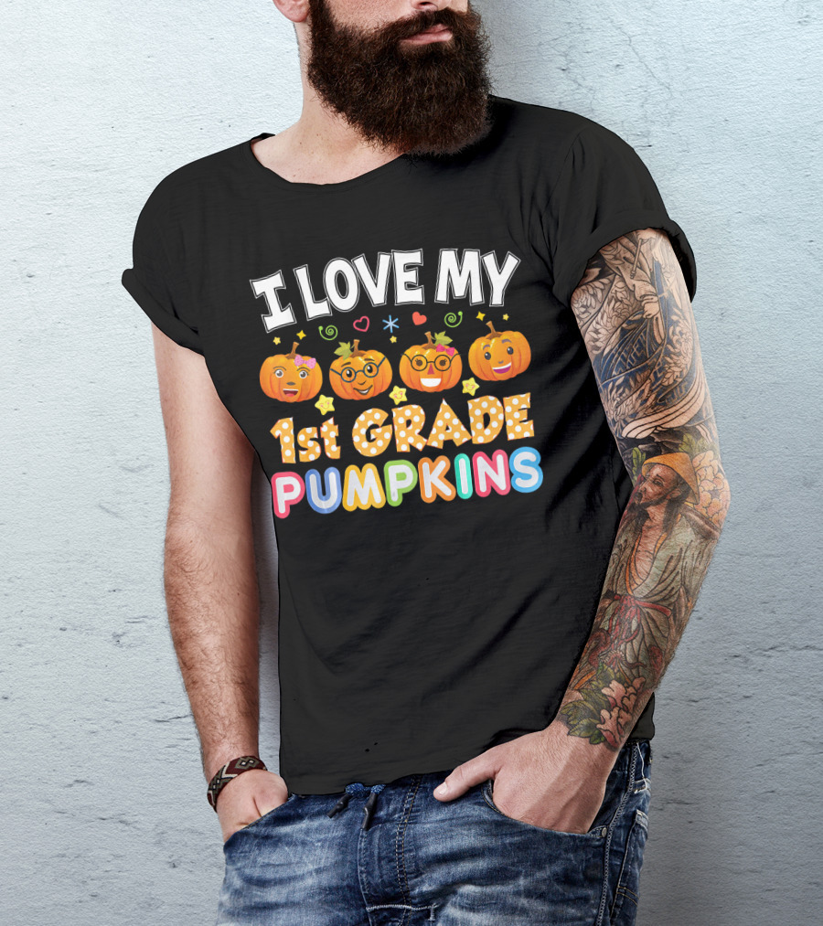 I Love My 1st Grade Pumpkins Halloween Emojis And Stars T-Shirt