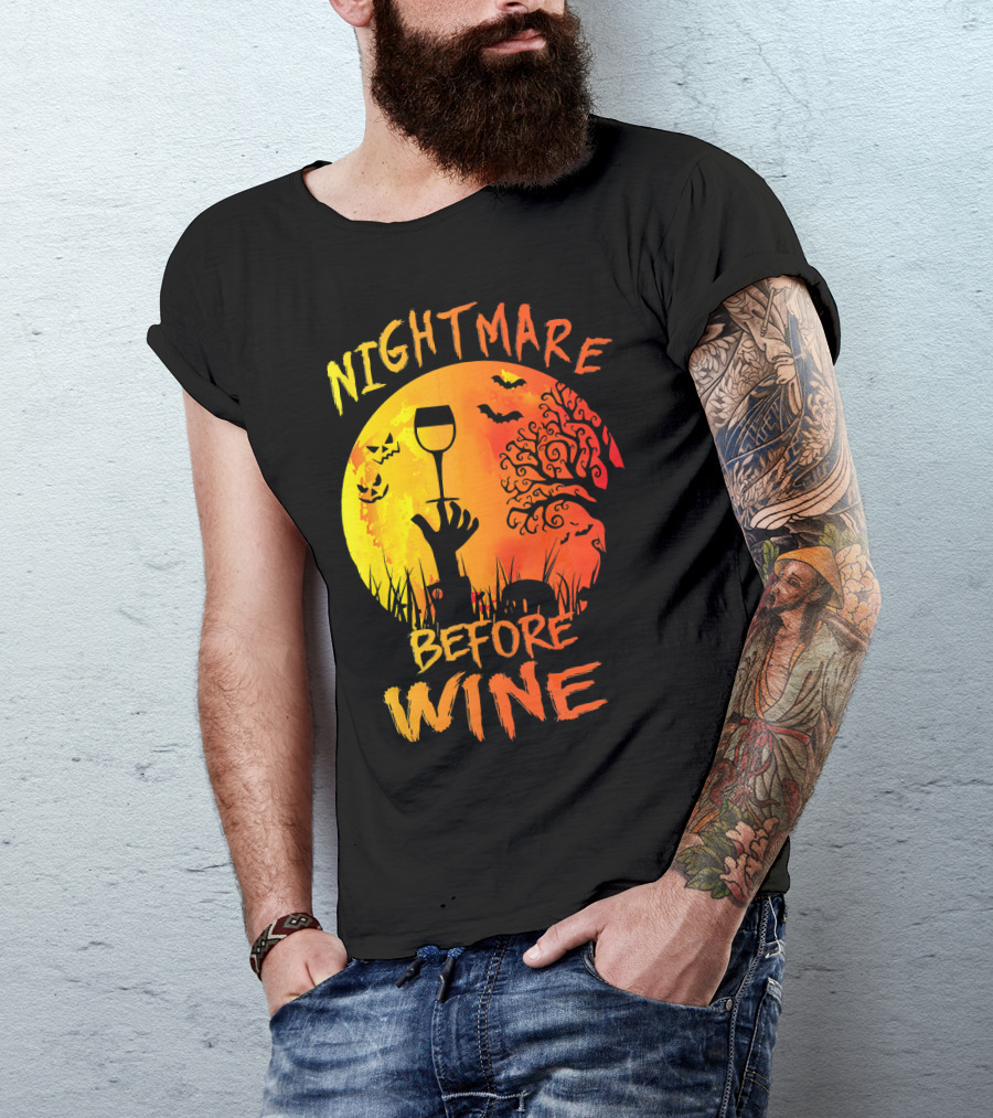 Nightmare Before Wine Halloween Scary Moon Scene T-Shirt