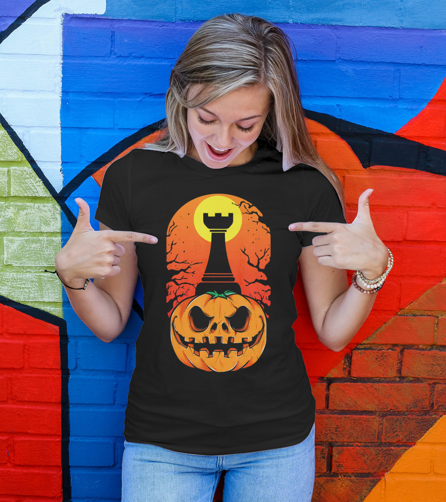 Spooky Rook Pumpkin Halloween Chess Tower Moon T-Shirt