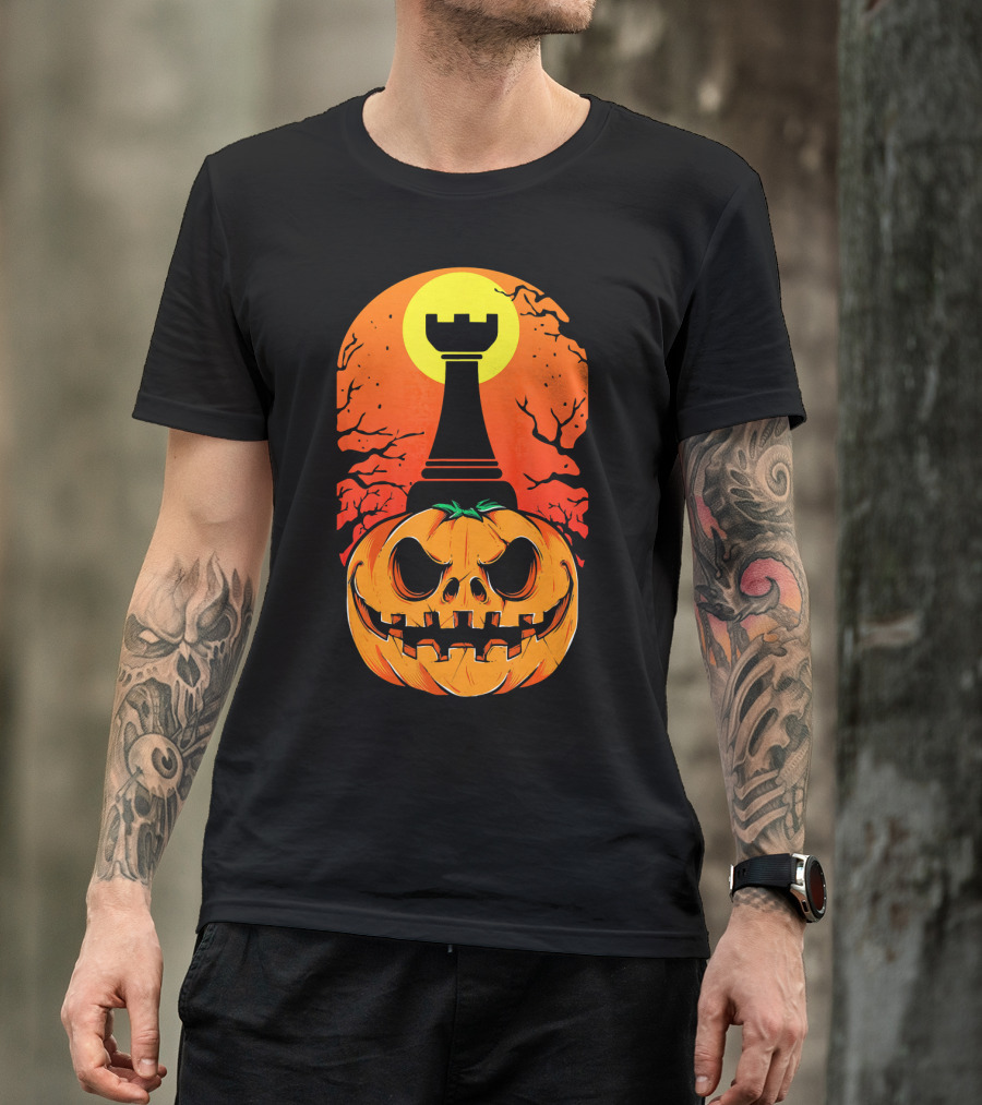 Spooky Rook Pumpkin Halloween Chess Tower Moon T-Shirt