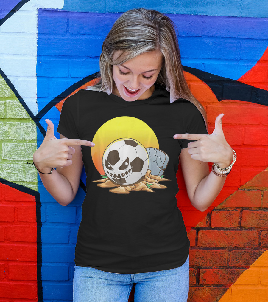 Soccer Halloween Goal With Spooky Jack-O'-Lantern Face And Graveyard Scene T-Shirt