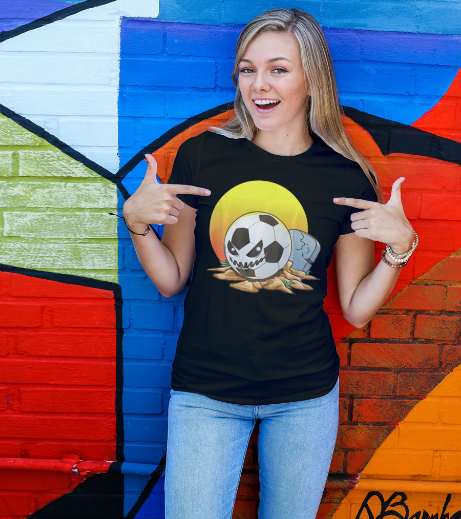 Soccer Halloween Goal With Spooky Jack-O'-Lantern Face And Graveyard Scene T-Shirt