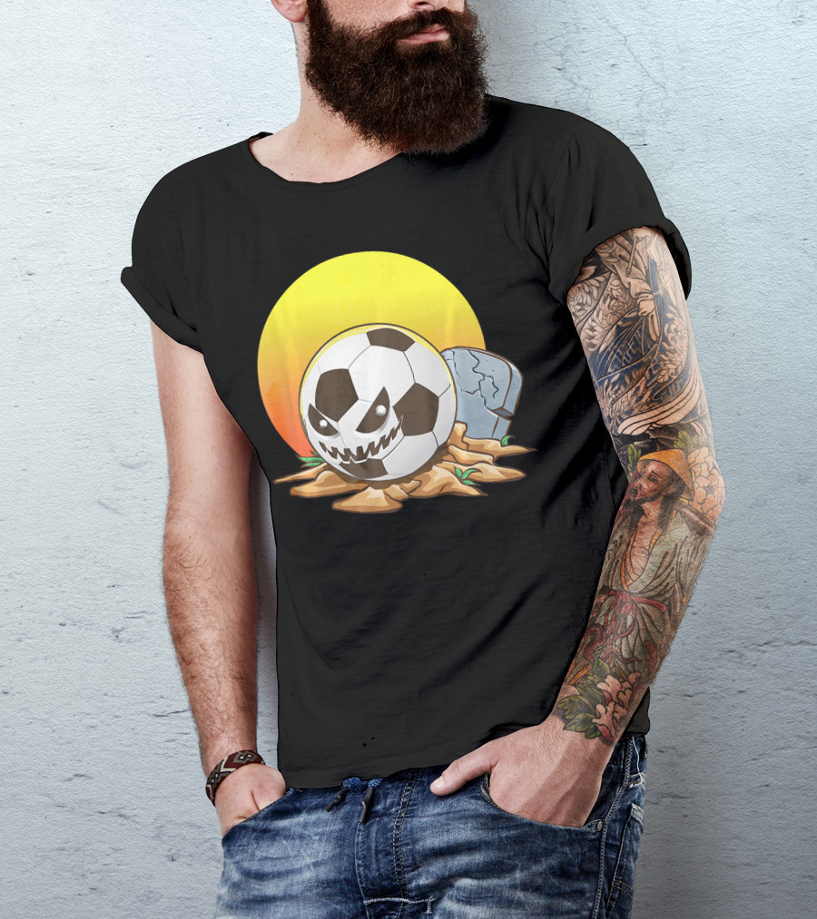 Soccer Halloween Goal With Spooky Jack-O'-Lantern Face And Graveyard Scene T-Shirt