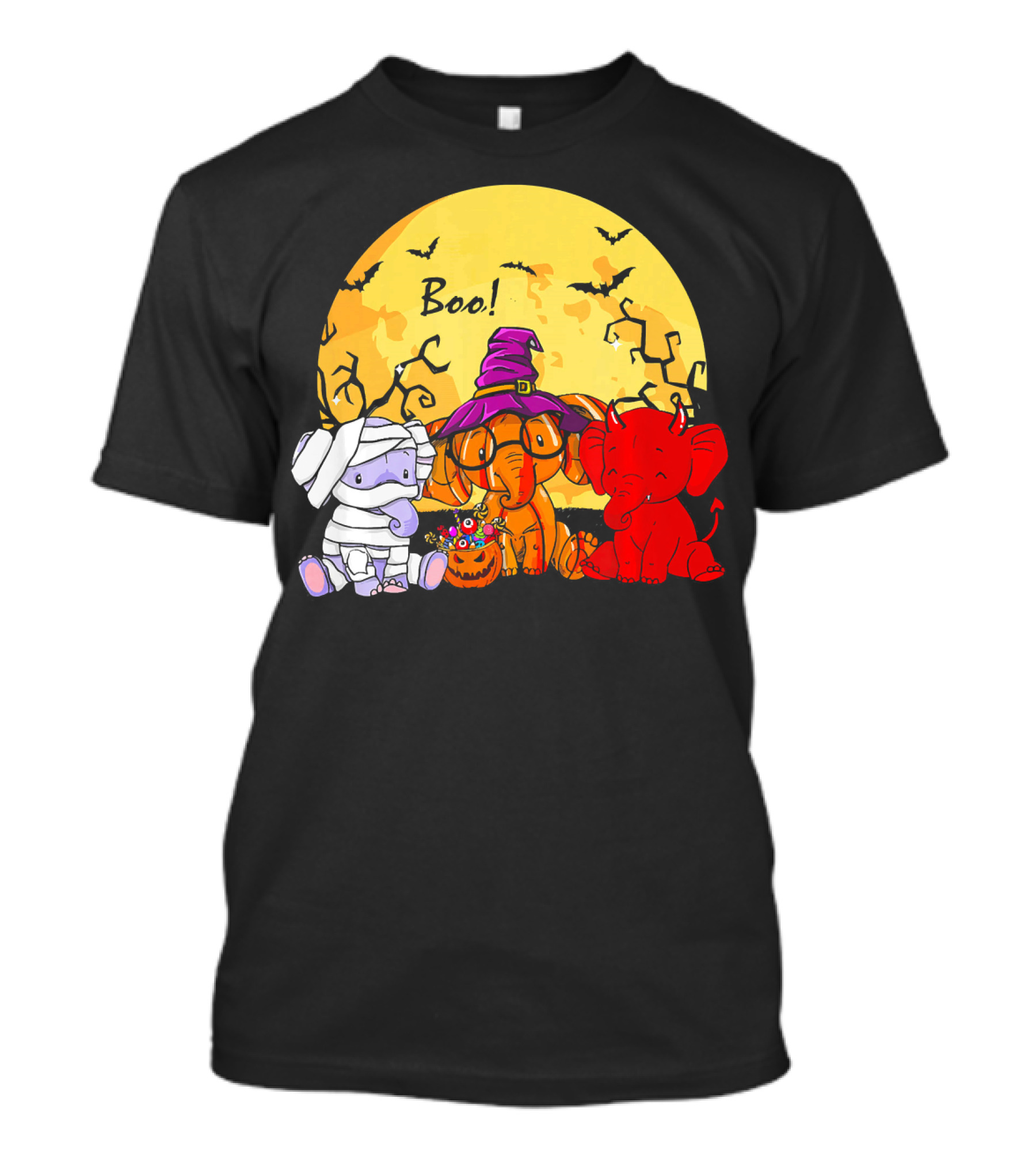 Boo Three Elephants Halloween Costume Party With Moon And Bats T-Shirt
