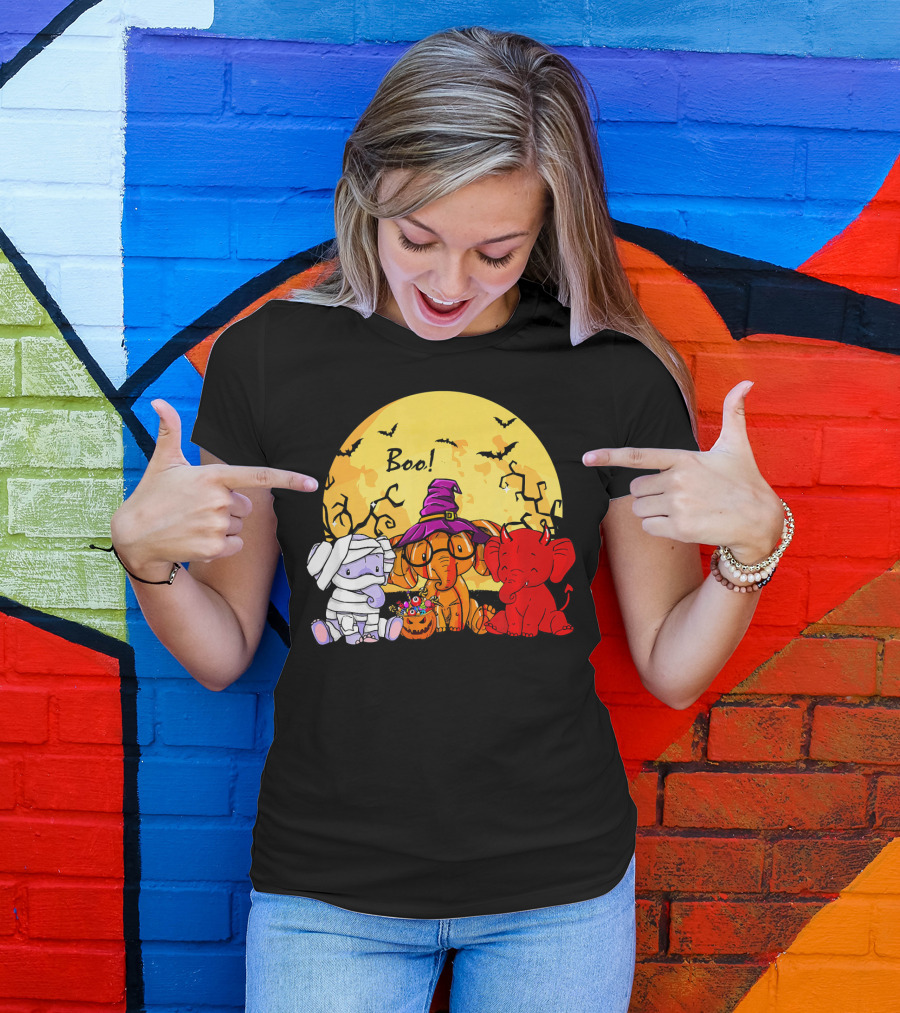 Boo Three Elephants Halloween Costume Party With Moon And Bats T-Shirt