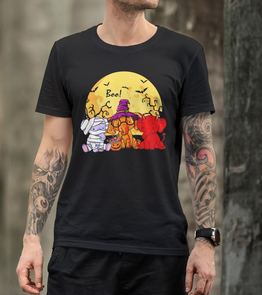 Boo Three Elephants Halloween Costume Party With Moon And Bats T-Shirt