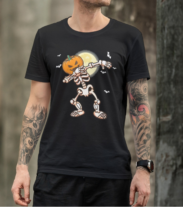 Skeleton Dabbing With Pumpkin Head And Bats T-Shirt