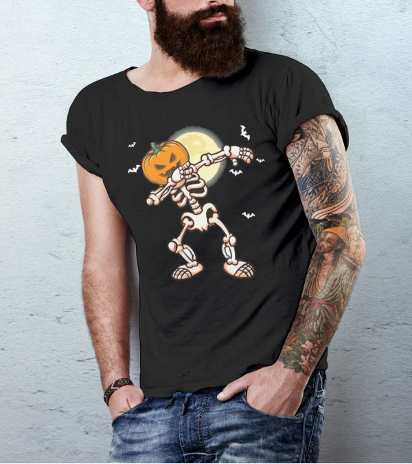 Skeleton Dabbing With Pumpkin Head And Bats T-Shirt