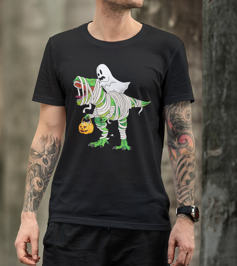 Ghost Mummy Riding T-Rex Trick Or Treat T-Shirt