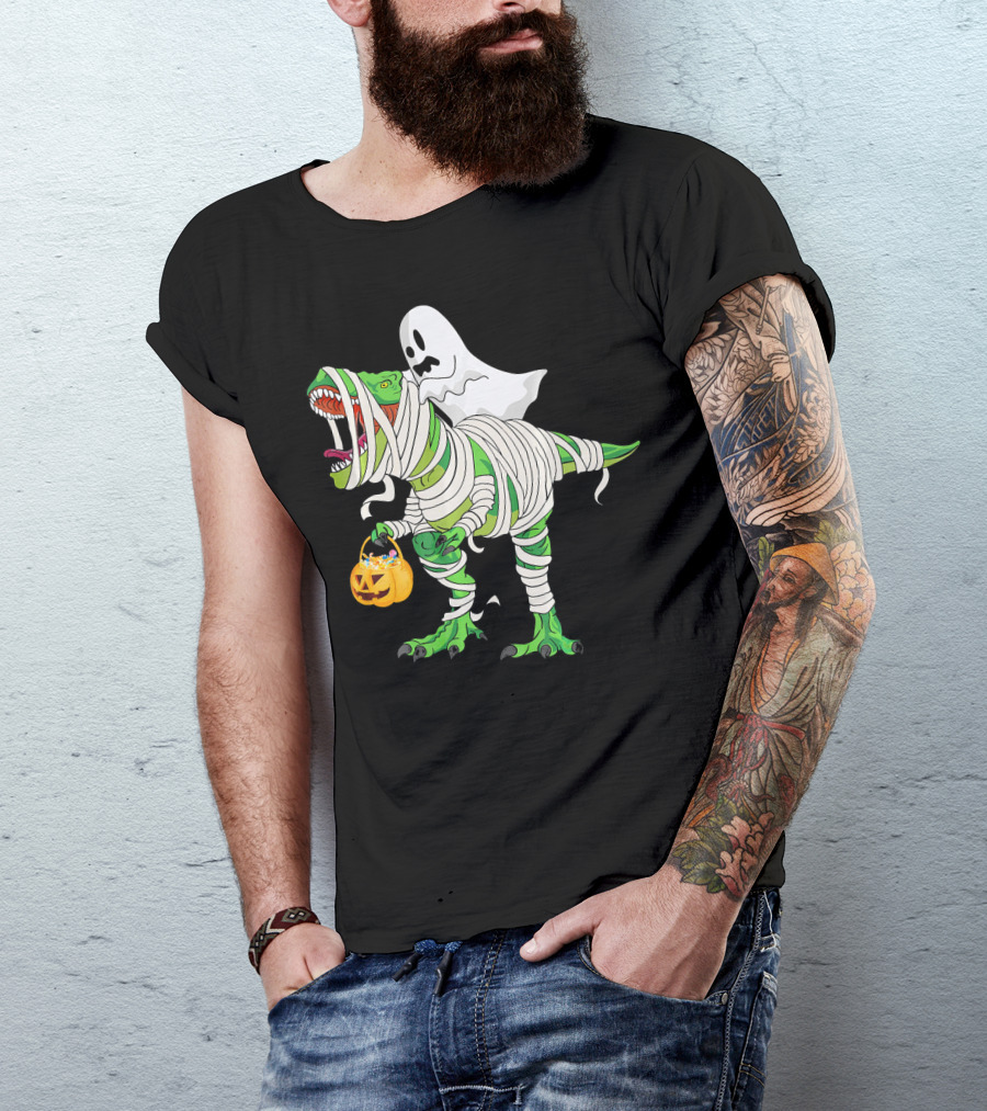 Ghost Mummy Riding T-Rex Trick Or Treat T-Shirt