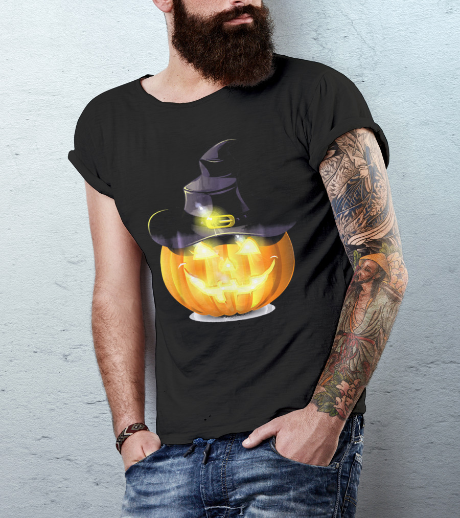 Halloween Horror Pumpkin Witch Hat Glowing Face T-Shirt