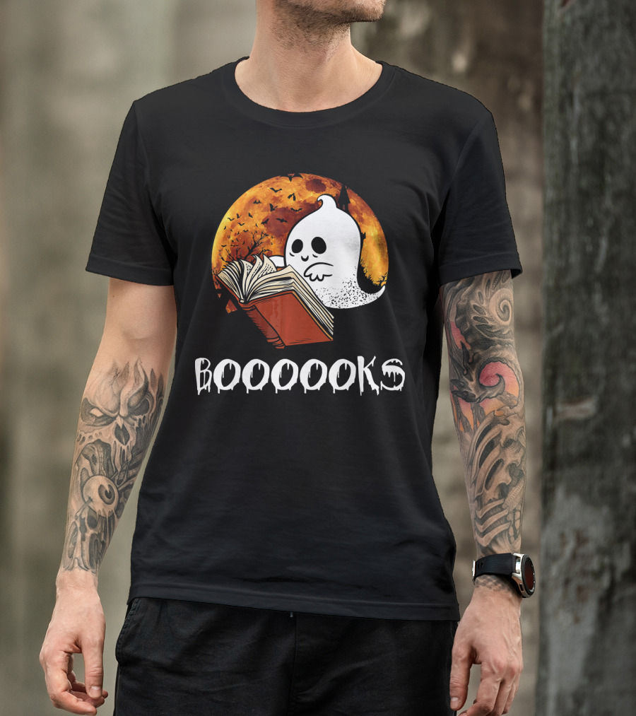 Booooooks Boo Reading Books Hall Ghost With Open Book And Moon Bats T-Shirt