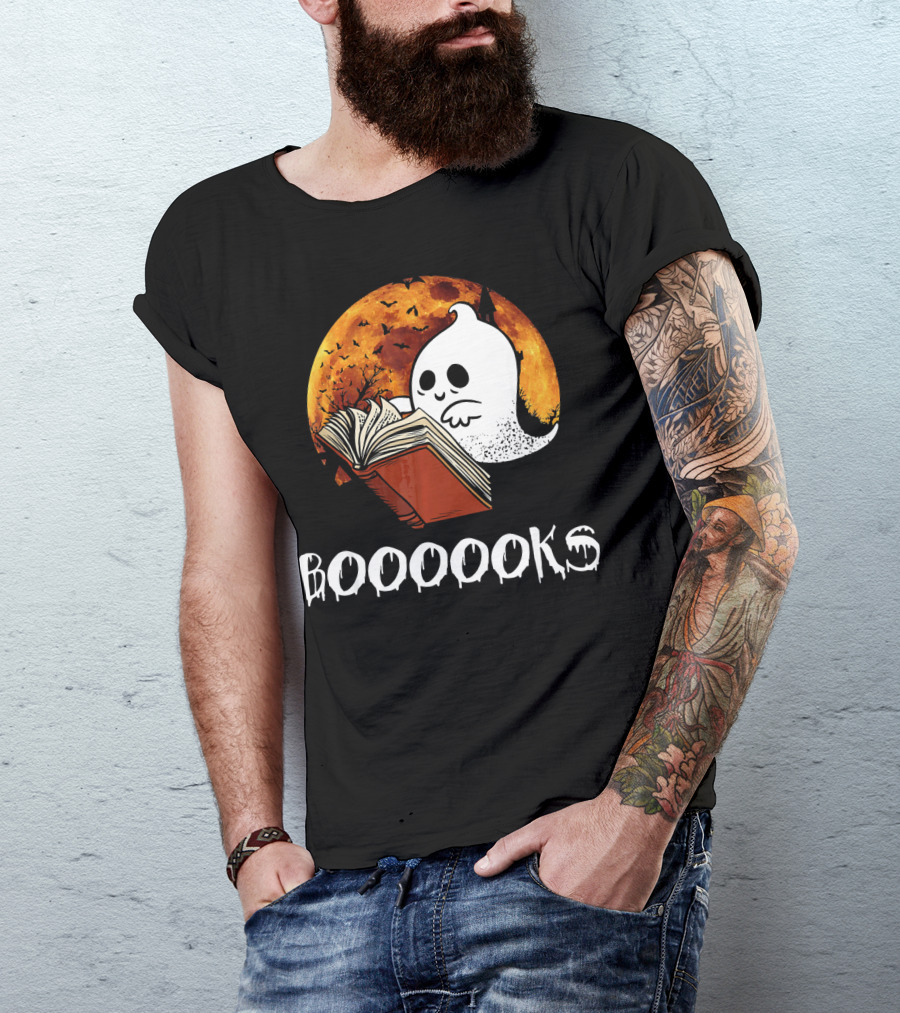 Booooooks Boo Reading Books Hall Ghost With Open Book And Moon Bats T-Shirt
