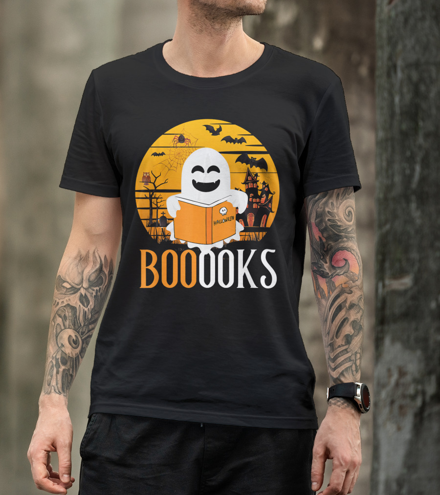 Halloween Ghost Reading Booooks In Spooky Setting With Funny Teacher T-Shirt