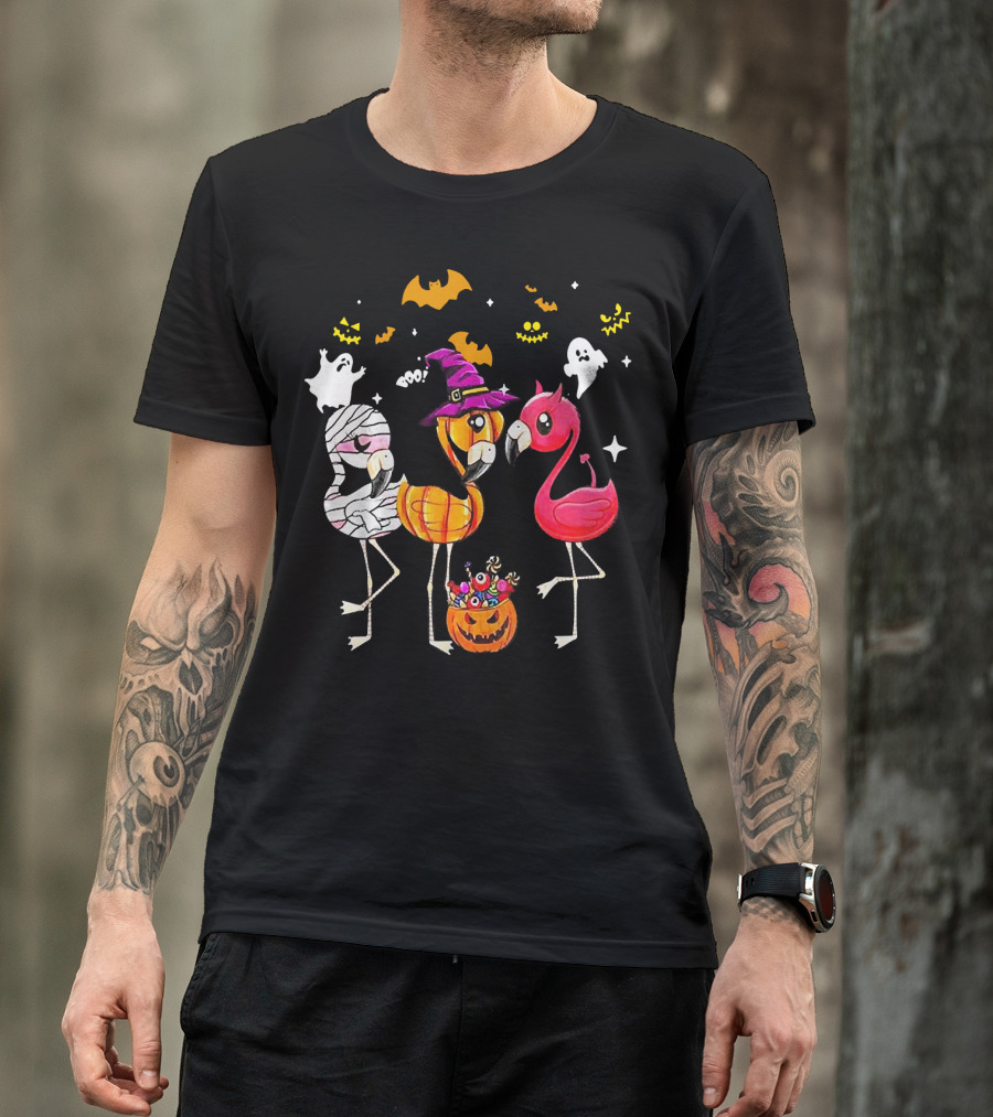 Flamingo Halloween Candy Witch Ghost Bats Pumpkin T-Shirt