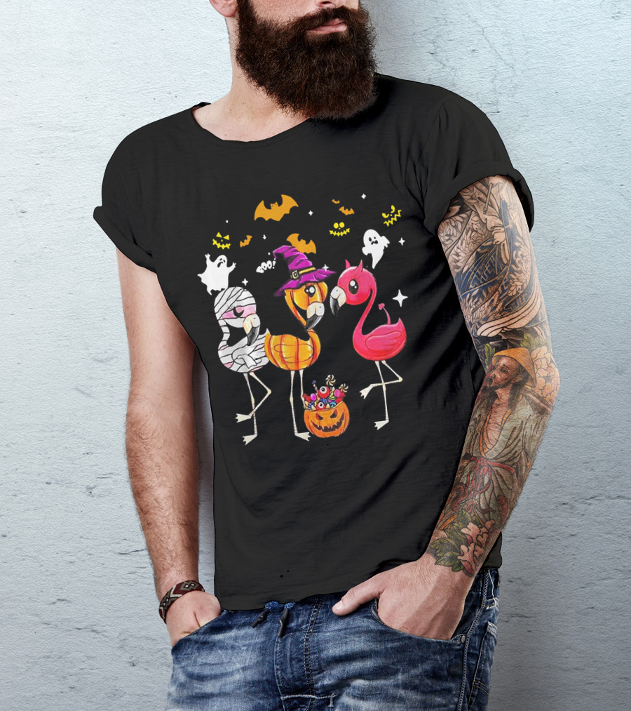 Flamingo Halloween Candy Witch Ghost Bats Pumpkin T-Shirt