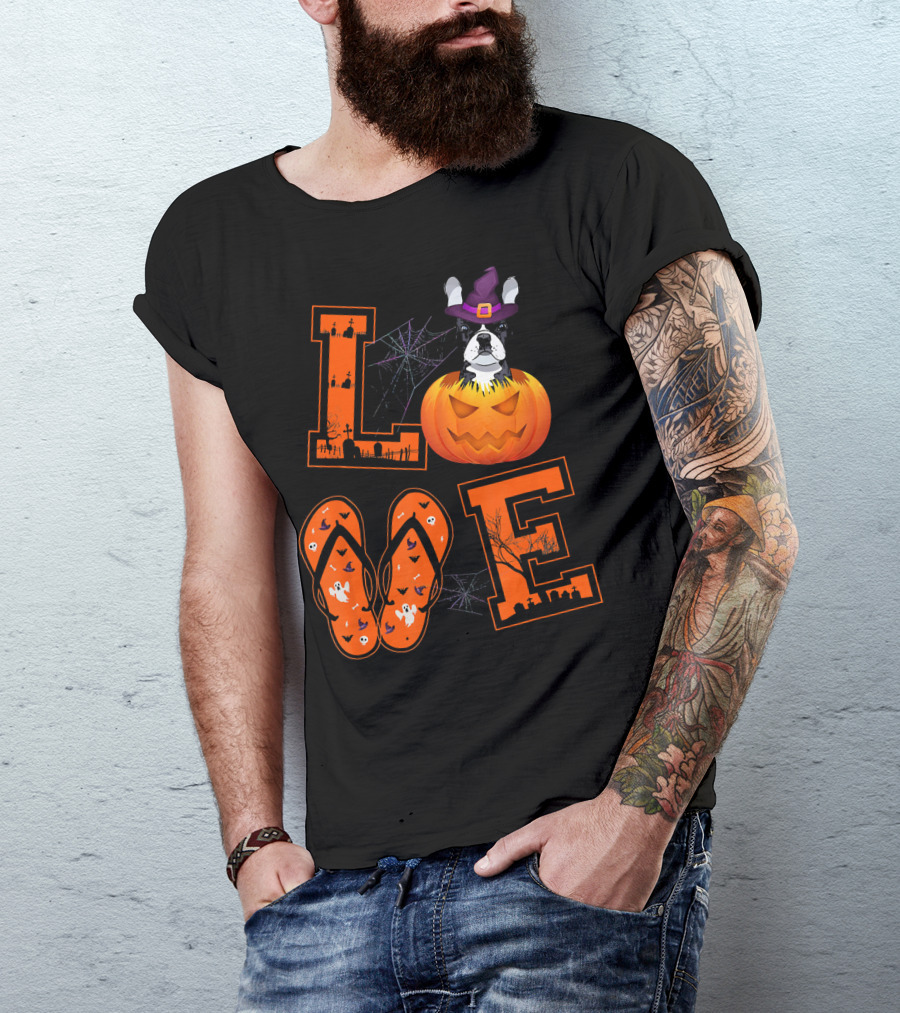 LOVE French Bulldog Pumpkin Halloween Ghosts Spider Webs T-Shirt