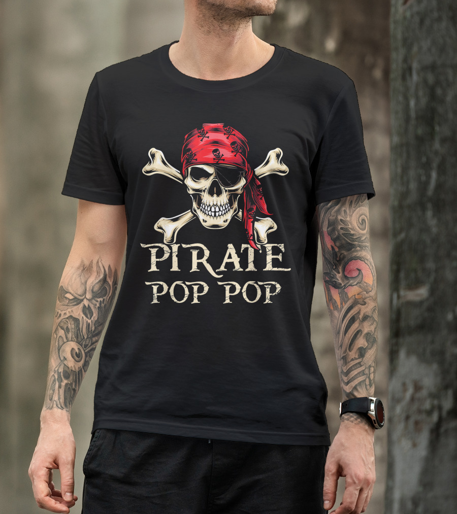 Pirate Pop Pop Skull With Crossbones And Red Bandana T-Shirt