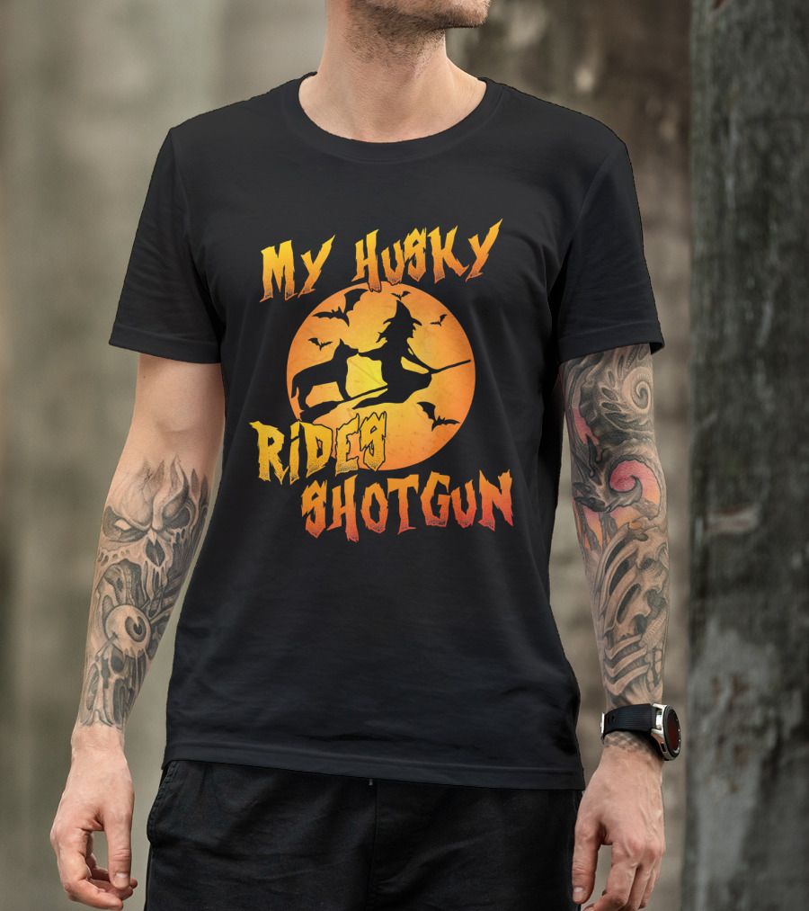 My Husky Rides Shotgun Halloween Witch Moon Bats T-Shirt
