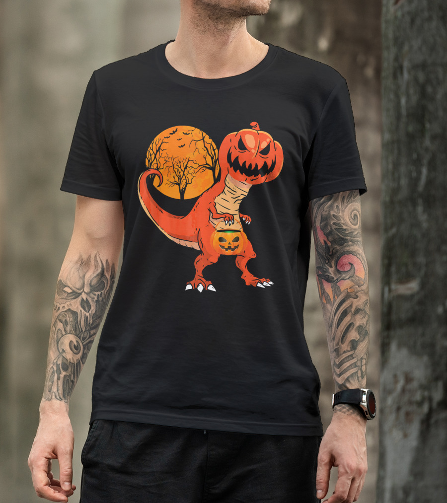 Funny Halloween Dinosaur Pumpkin Head Tree Shadow T-Shirt