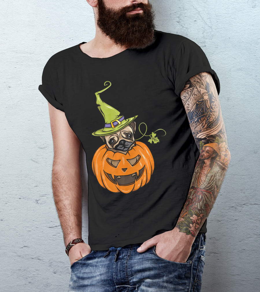 Pumpkin Pug Witch Halloween Costume Women T-Shirt