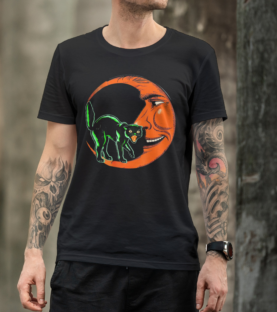 Vintage Halloween Beistle Cat On Crescent Moon T-Shirt