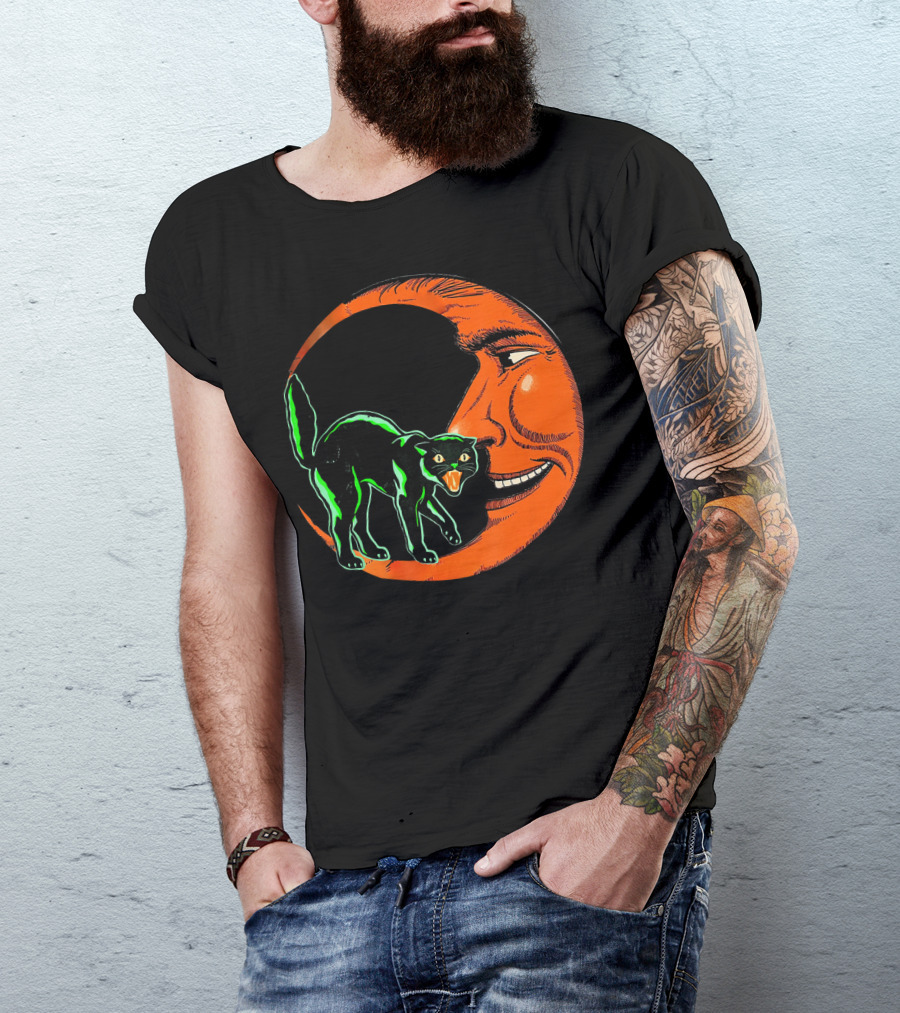 Vintage Halloween Beistle Cat On Crescent Moon T-Shirt