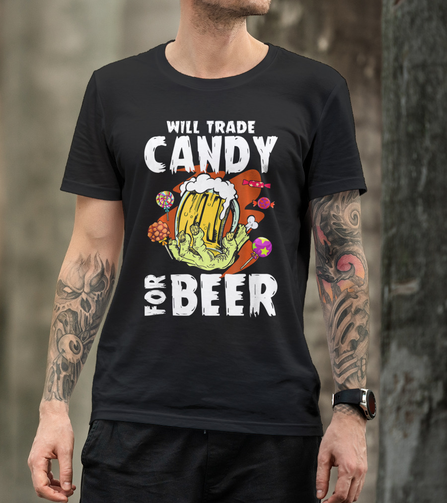 Will Trade Candy For Beer Halloween Zombie Hand Lollipops T-Shirt