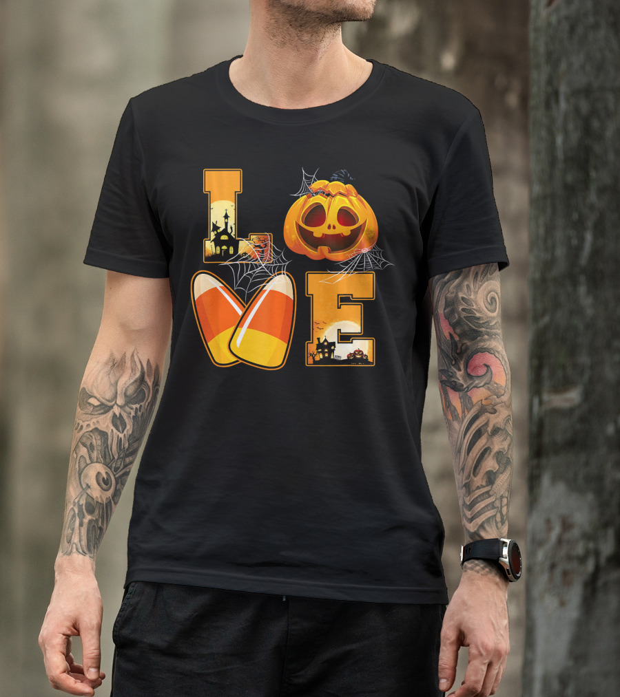 Love Candy Corn Pumpkin Halloween Spiderwebs T-Shirt