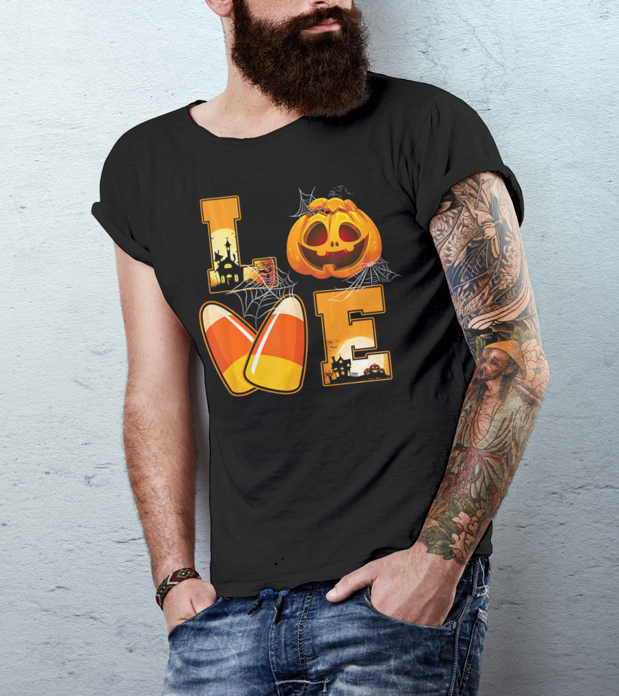 Love Candy Corn Pumpkin Halloween Spiderwebs T-Shirt