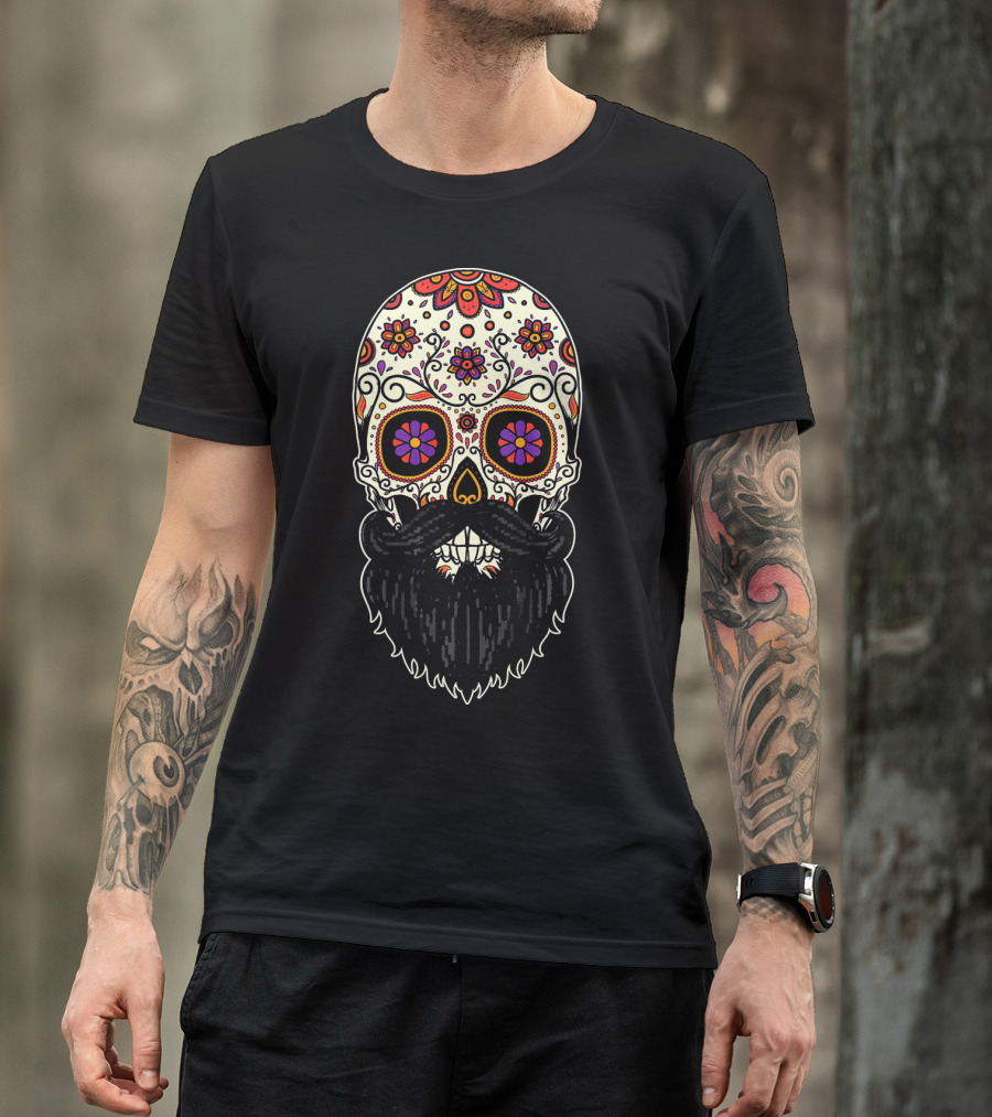 Beard Sugar Skull Floral Pattern Día De Los Muertos T-Shirt