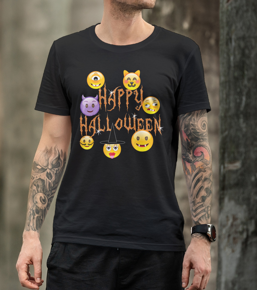 Happy Halloween Emoji Faces Devil Cat Vampire Witch Pumpkin Monster Cyclops T-Shirt