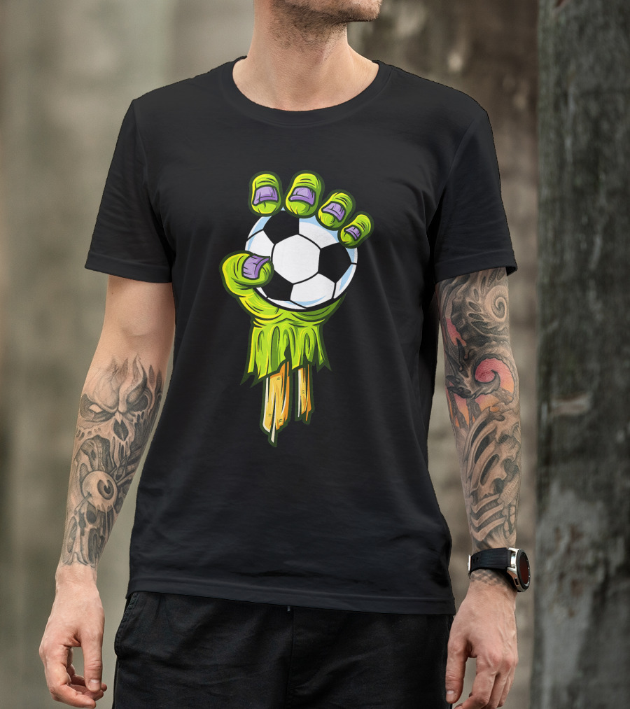Zombie Hands Grabbing Soccer Ball Funny Horror Scary T-Shirt