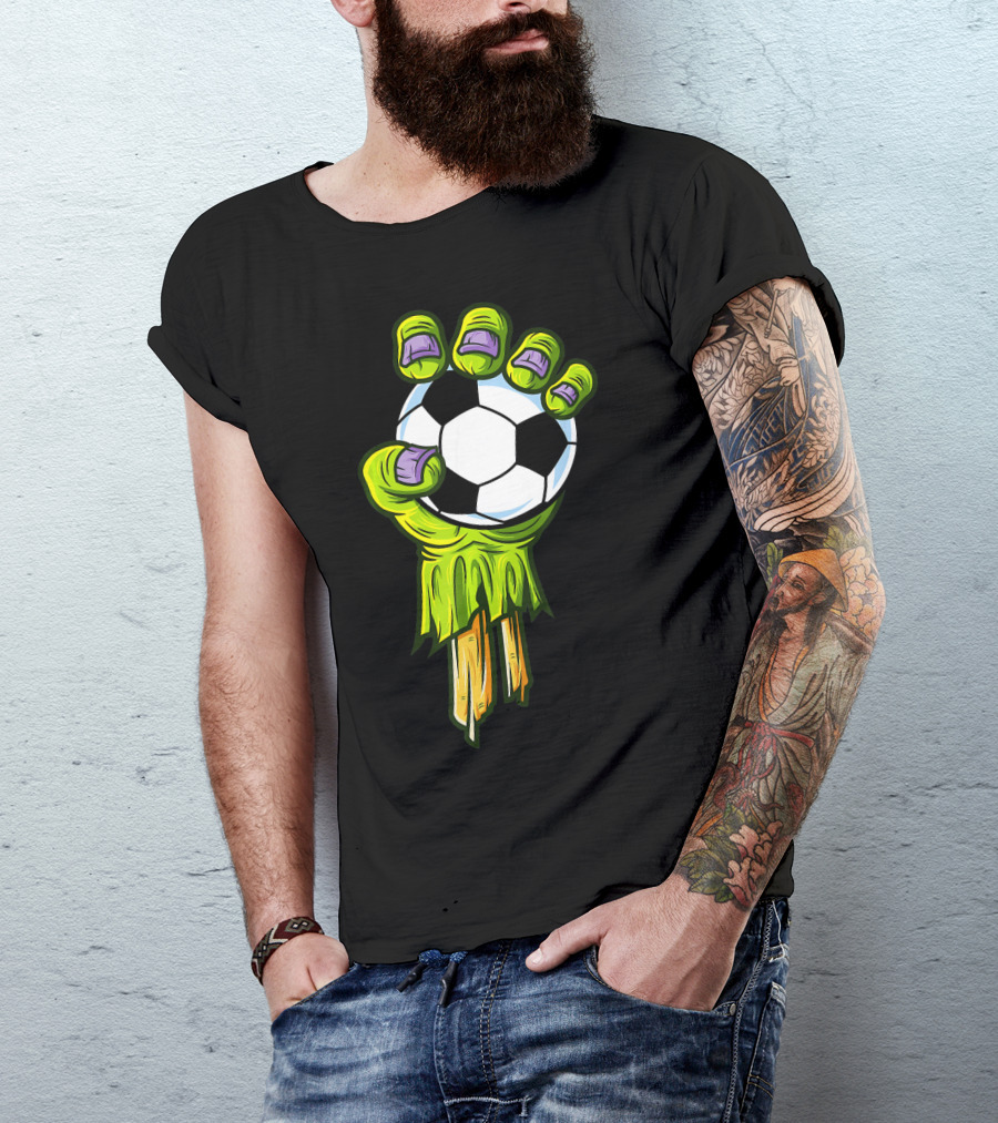 Zombie Hands Grabbing Soccer Ball Funny Horror Scary T-Shirt