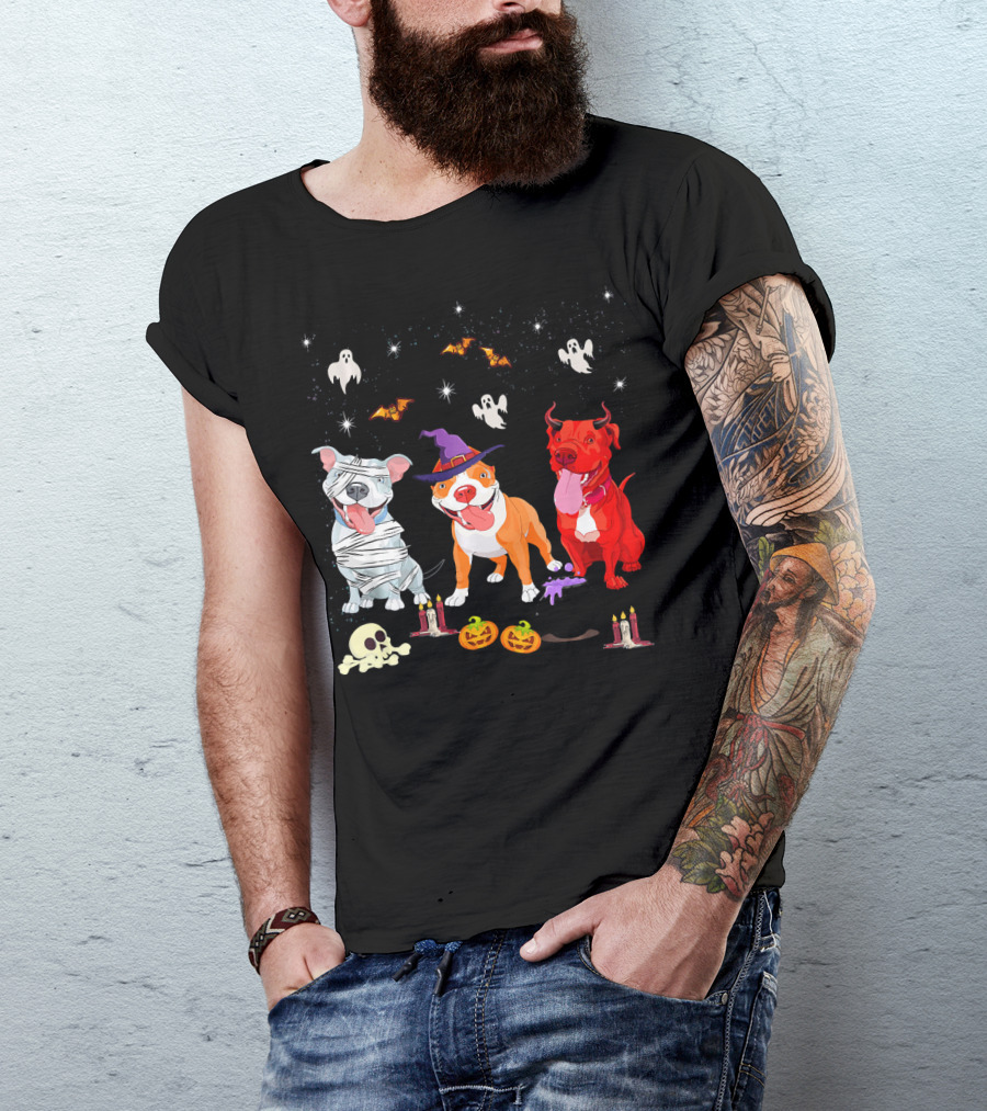 Three Pitbulls Halloween Ghosts Bats Pumpkins Candles Skulls Stars T-Shirt