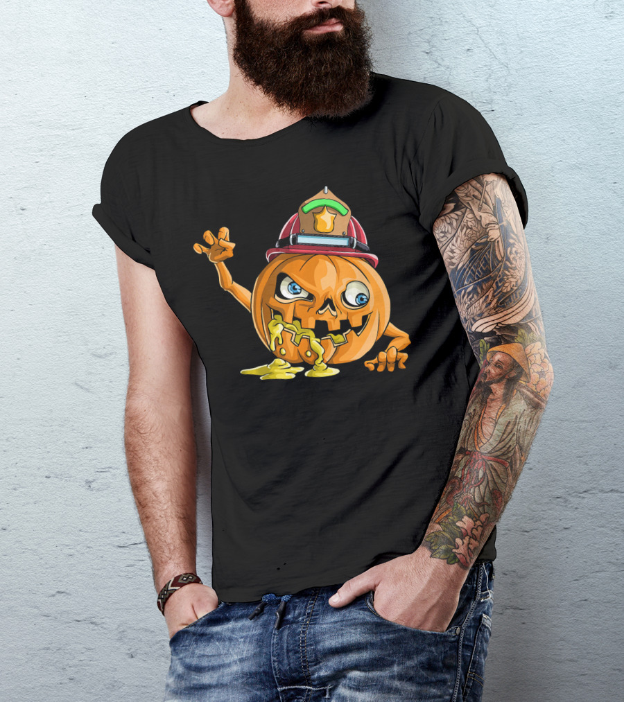 Zombie Pumpkin Firefighter Halloween Jack-O'-Lantern With Fireman's Helmet T-Shirt