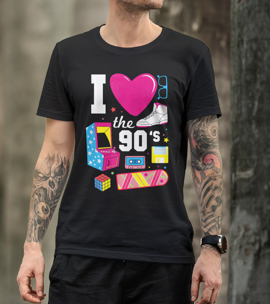I Love The 90s Retro Arcade Cassette Sneaker Skateboard Rubik's Cube Floppy Disk T-Shirt