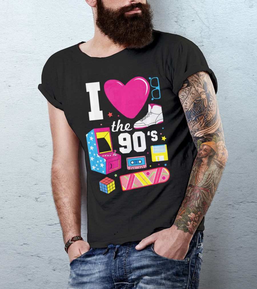 I Love The 90s Retro Arcade Cassette Sneaker Skateboard Rubik's Cube Floppy Disk T-Shirt