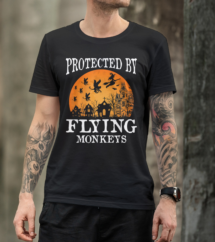 Protected By Flying Monkeys Halloween Witch Silhouette Orange Moon Mansion Scene T-Shirt