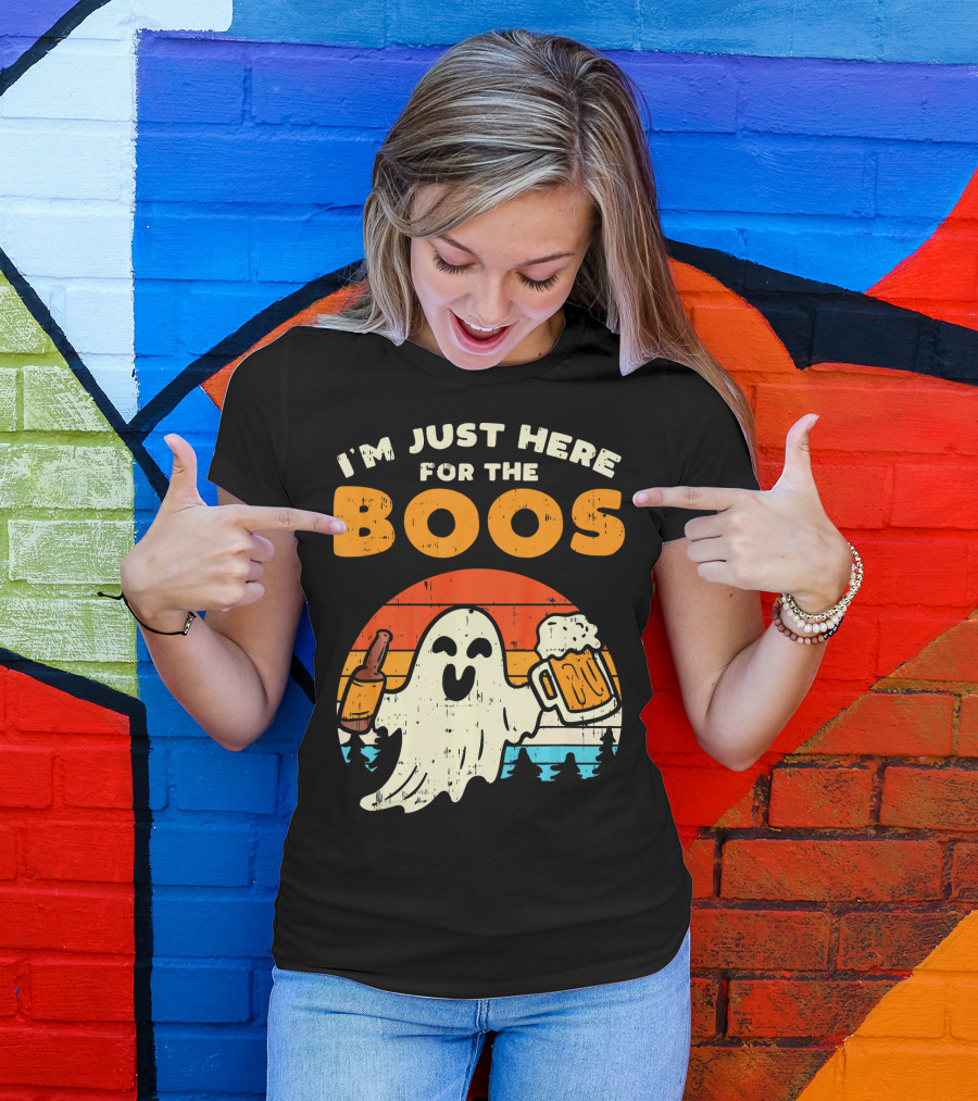 I'm Just Here For The Boos Retro Ghost With Drink And Bee T-Shirt